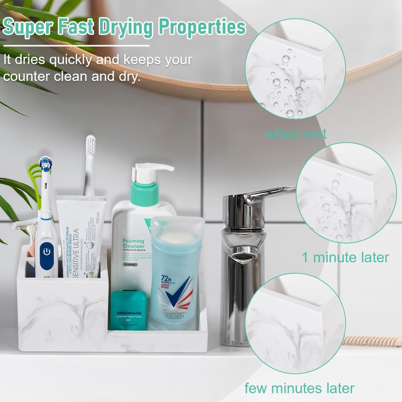 Heagoale Diatomite Toothbrush Holders for Bathrooms, Quick Dry Electric Tooth Brush and Toothpaste Organizer Bathroom Accessories for Countertop, Vanity, Sink - Marble White - Image 3