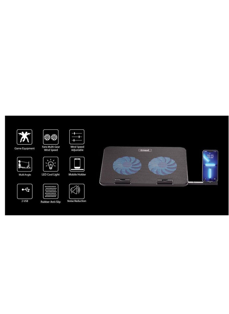 اس تي - حامل تبريد الكمبيوتر المحمول للألعاب ICE-02 RGB القياسي مع حامل للهاتف المحمول – مروحتان LED زرقاء – حتى 15.6 بوصة - Image 1