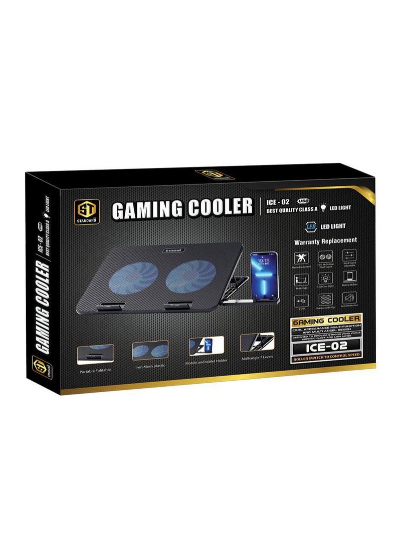 اس تي - حامل تبريد الكمبيوتر المحمول للألعاب ICE-02 RGB القياسي مع حامل للهاتف المحمول – مروحتان LED زرقاء – حتى 15.6 بوصة - Image 1