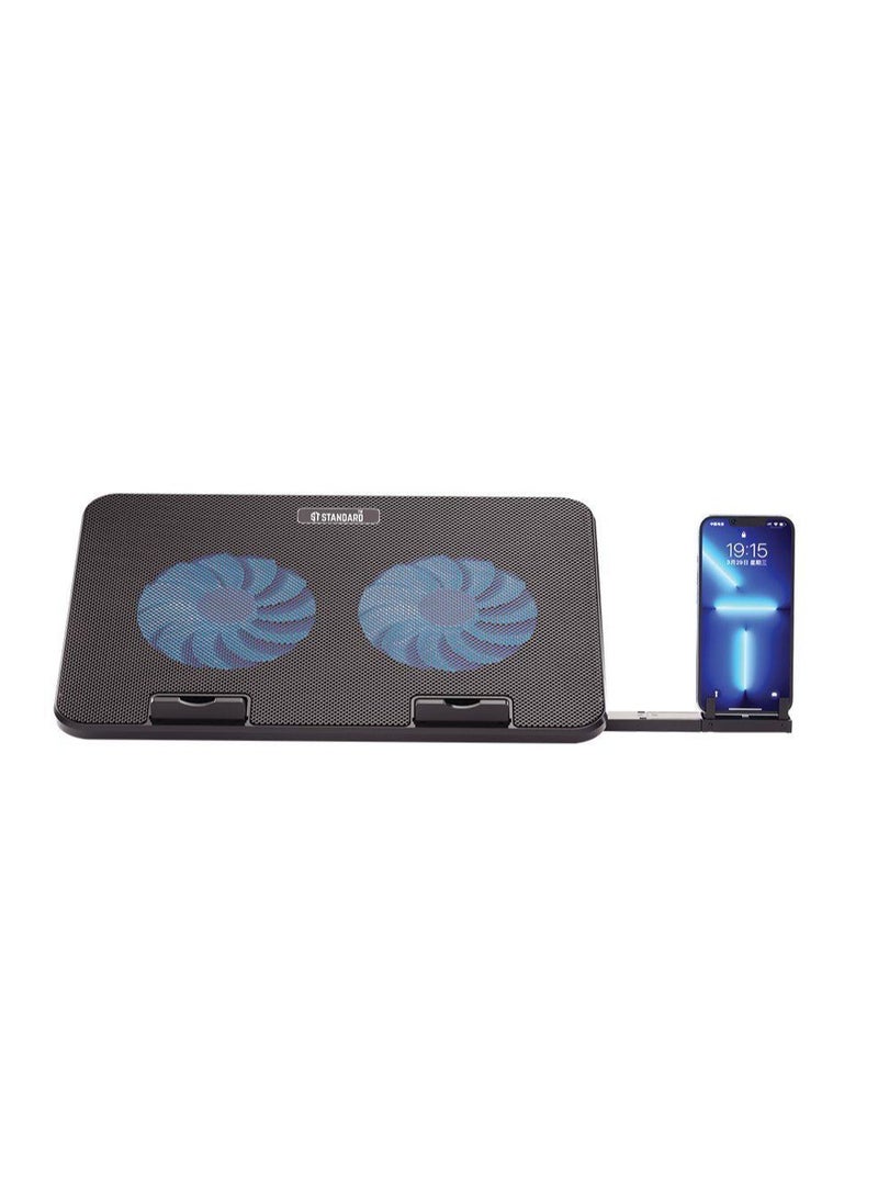 اس تي - حامل تبريد الكمبيوتر المحمول للألعاب ICE-02 RGB القياسي مع حامل للهاتف المحمول – مروحتان LED زرقاء – حتى 15.6 بوصة - Image 1