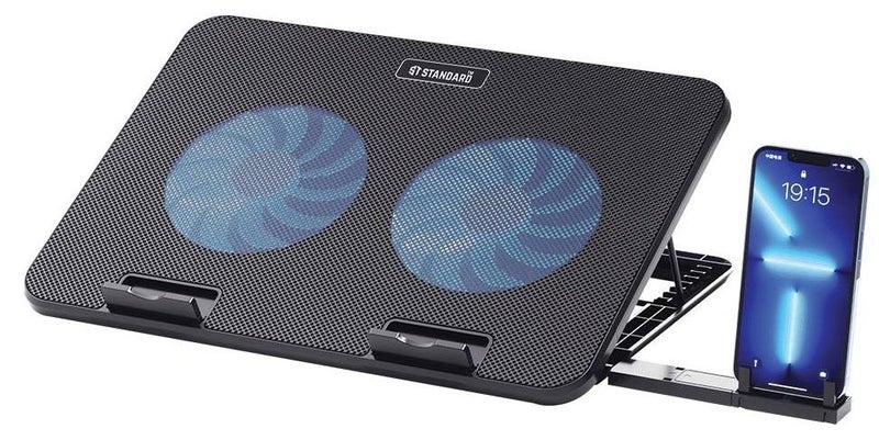 Standard ICE-02 RGB Gaming Laptop Cooling Pad Stand with Mobile Holder – 2*blue Led Fans – UP to 15.6 Inch - Image 1