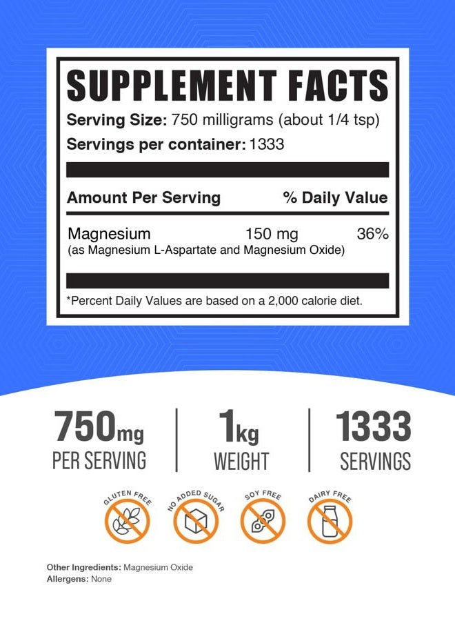 BulkSupplements .com Magnesium L-Aspartate Powder - High Absorption Magnesium, Magnesium Aspartate Powder - Gluten Free, 750mg (150mg of Magnesium) per Serving, 1kg (2.2 lbs) (Pack of 1) - Image 2