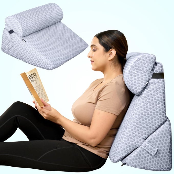 MEMORY FOAM WEDGE PILLOW FOR NECK BACK PAIN RELIEF GREY JACQUARD ADJUSTABLE WEDGE PILLOW WITH HEADREST