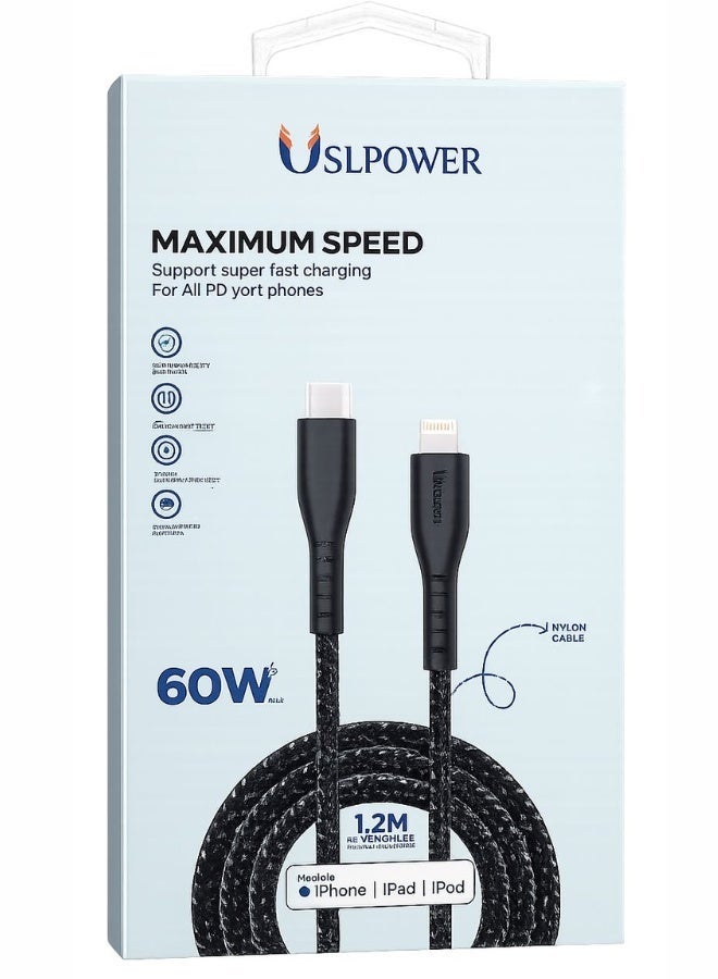 USLPOWER Charger Cable USB-C to Lightning PD Fast Charging Cable 60W Nylon Braided Durable Data Sync Cable 1.2M  MFi Certified Compatible With iPhone X XR  11 12 13 14 - Image 2