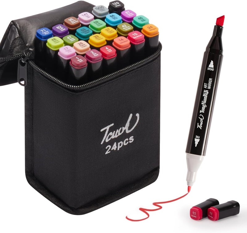 FINEMOE Dual Tip Marker Set of 24 Alcohol Markers with Portable Storage Bag,Waterproof Sketch Pens for Kids,Artists & Students,Quick-Dry Colour Art Kit for Drawing,Journaling,Gifts for Girls,Multi - Image 1