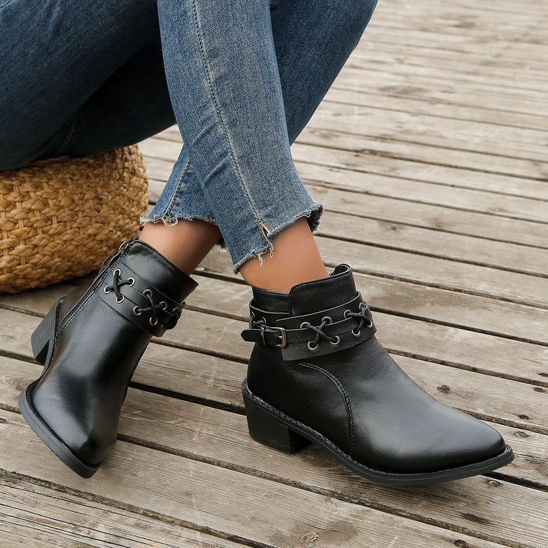 2023 autumn thick heel Martin boots women's boots British style retro thick bottom mid-calf short boots side zipper Western Denim - Image 4