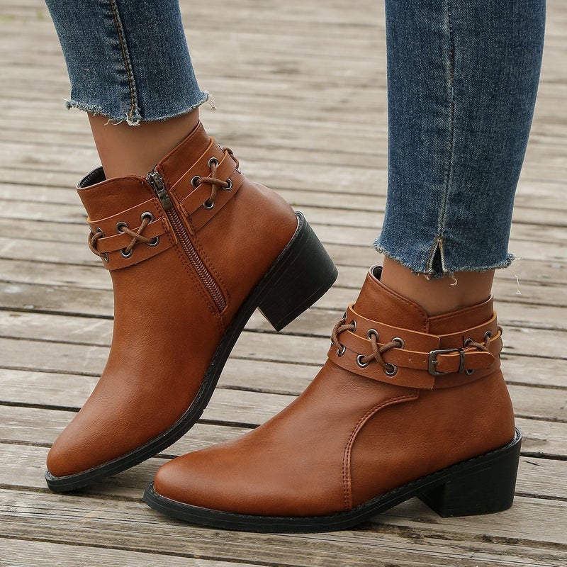 2023 autumn thick heel Martin boots women's boots British style retro thick bottom mid-calf short boots side zipper Western Denim - Image 1