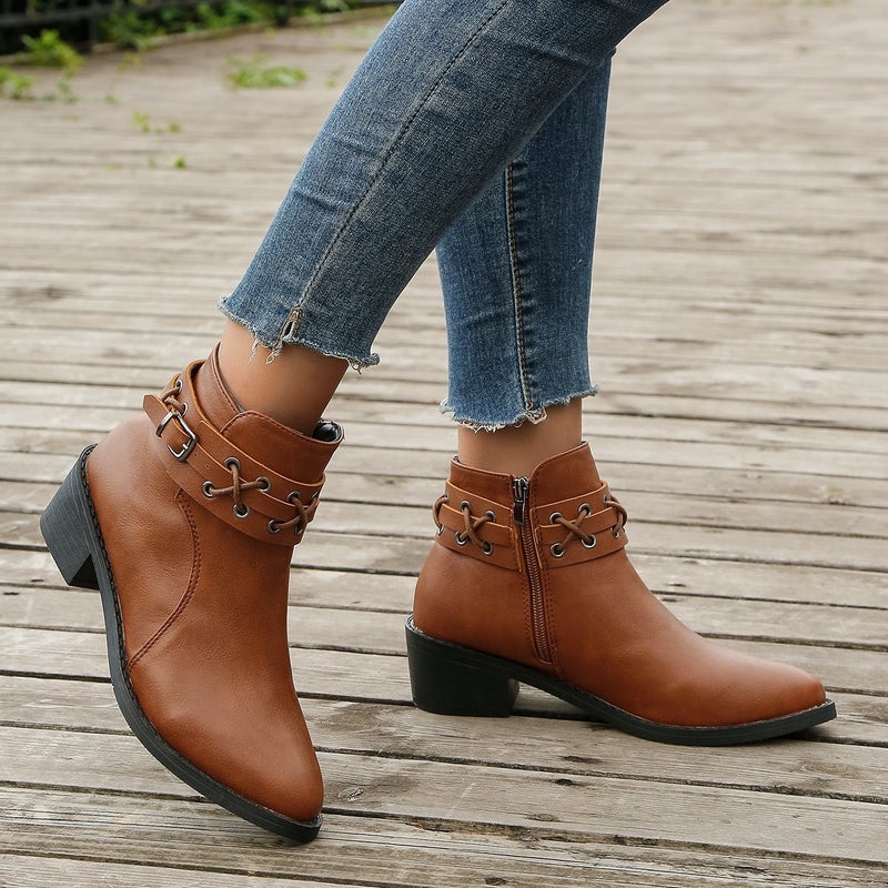 2023 autumn thick heel Martin boots women's boots British style retro thick bottom mid-calf short boots side zipper Western Denim - Image 3