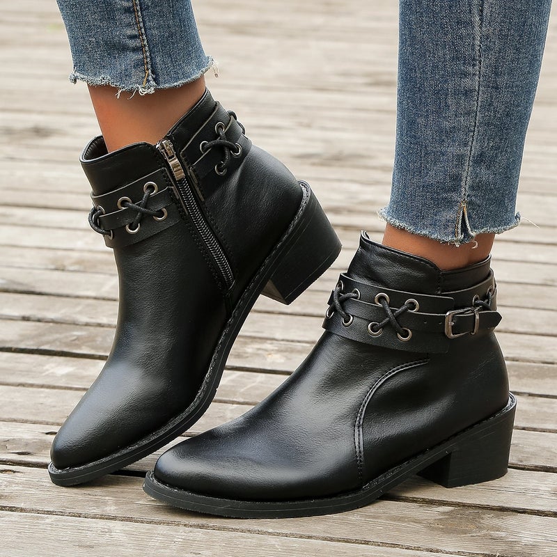 2023 autumn thick heel Martin boots women's boots British style retro thick bottom mid-calf short boots side zipper Western Denim - Image 2