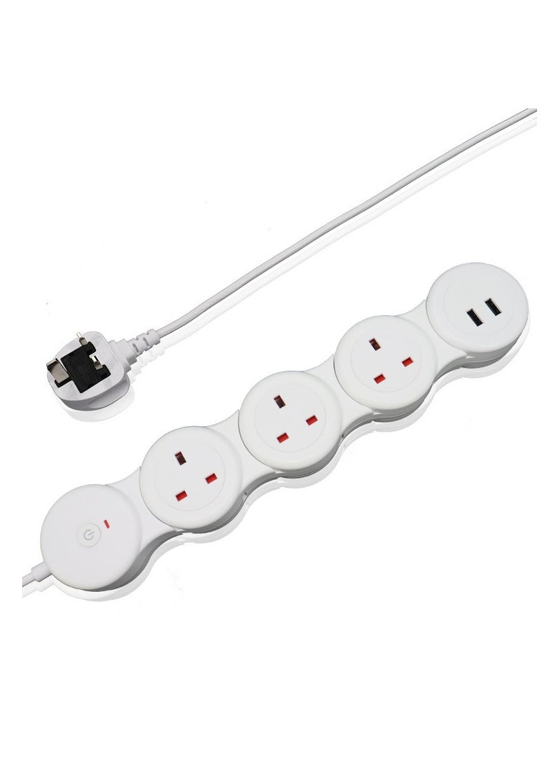 Flash Hawk Adjustable 3-Ports UK Power Strip Extension Cord with 2 USB Ports 1.8m White  - Image 2