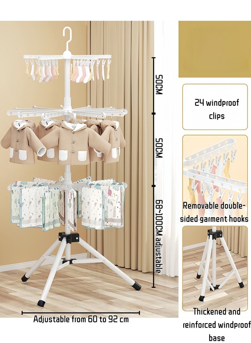 Auraluxi White Rotating Clothes Drying Rack – Adjustable 60–92cm Width & 168–200cm Height, 24 Rods + 24 Windproof Clips, Foldable Indoor/Outdoor Laundry Stand for Small Apartments - Image 2