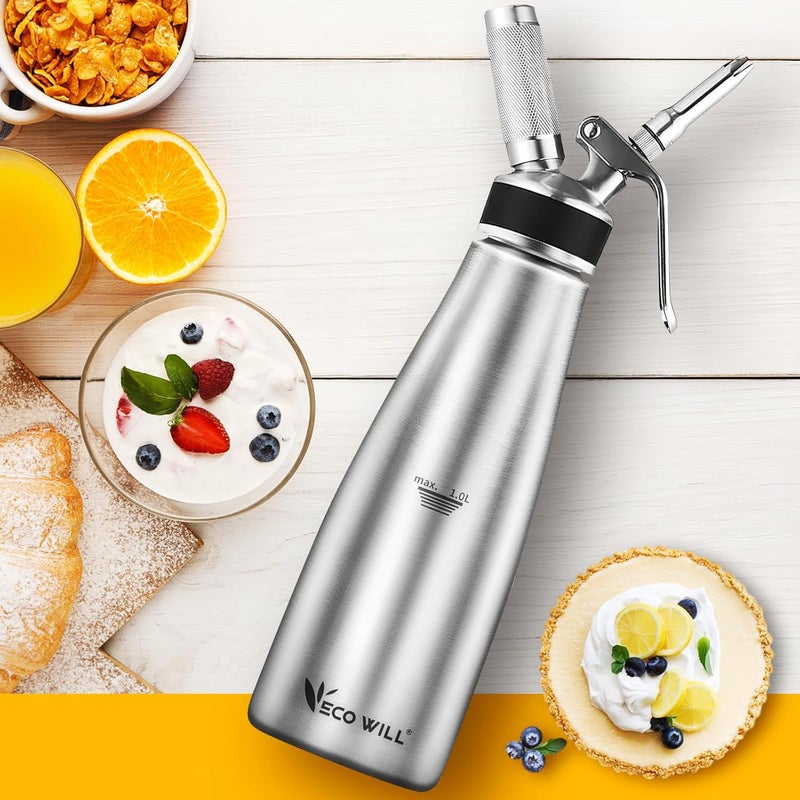 ECO-WILL Store خافق كريمة احترافي من الفولاذ المقاوم للصدأ، 1000 مل – لكريمة مخفوقة مثالية، موس الحلوى، الكوكتيلات والمزيد – سهل الاستخدام والتنظيف (فولاذ مقاوم للصدأ 1 لتر) - Image 2