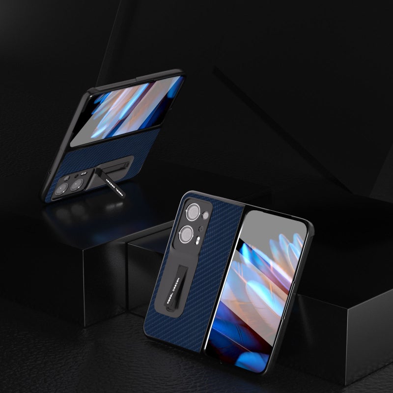 HuHa Case Cover For OPPO Find N2 Carbon Fiber Texture Integrated Protective Phone Case with Holder(Dark Blue) - Image 3