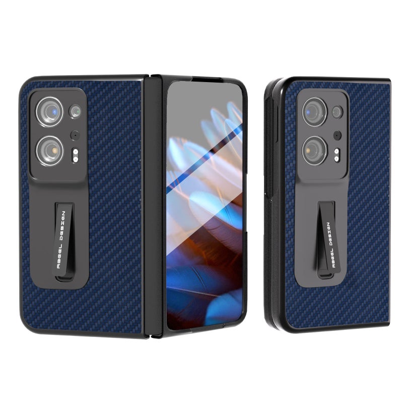 HuHa Case Cover For OPPO Find N2 Carbon Fiber Texture Integrated Protective Phone Case with Holder(Dark Blue) - Image 1