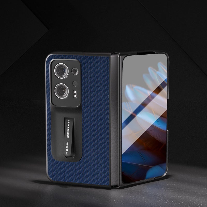 HuHa Case Cover For OPPO Find N2 Carbon Fiber Texture Integrated Protective Phone Case with Holder(Dark Blue) - Image 2