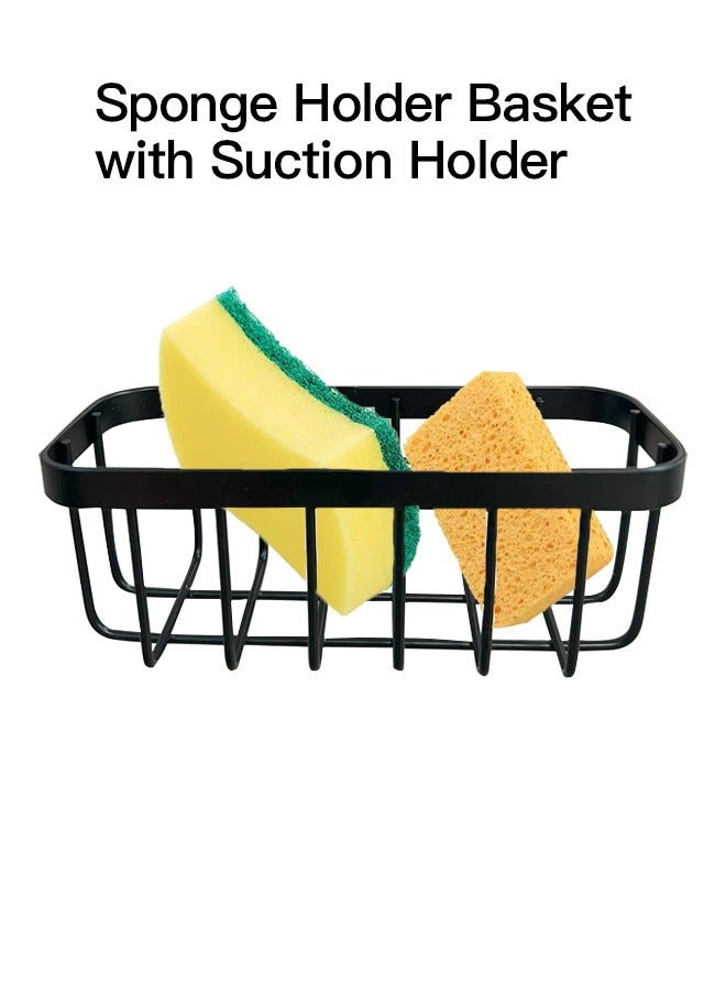 Stainless steel drain basket with suction holder for Sponge, Scrubber, Soap in Kitchen Sink, Bathroom, Bathtubs, 5.75''x2.25''x2.6'', Black  - Image 1