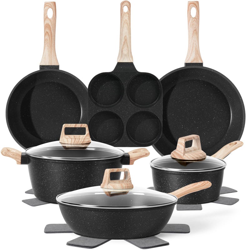 SODAY 13 Pcs Pots and Pans Set, Nonstick Cookware Sets Black Granite Induction Cookware, Non-toxic Healthy Non stick Kitchen Cooking Set with Frying Pans Set, Saucepans (PFAS/PFOA/PFOS Free) - Image 1