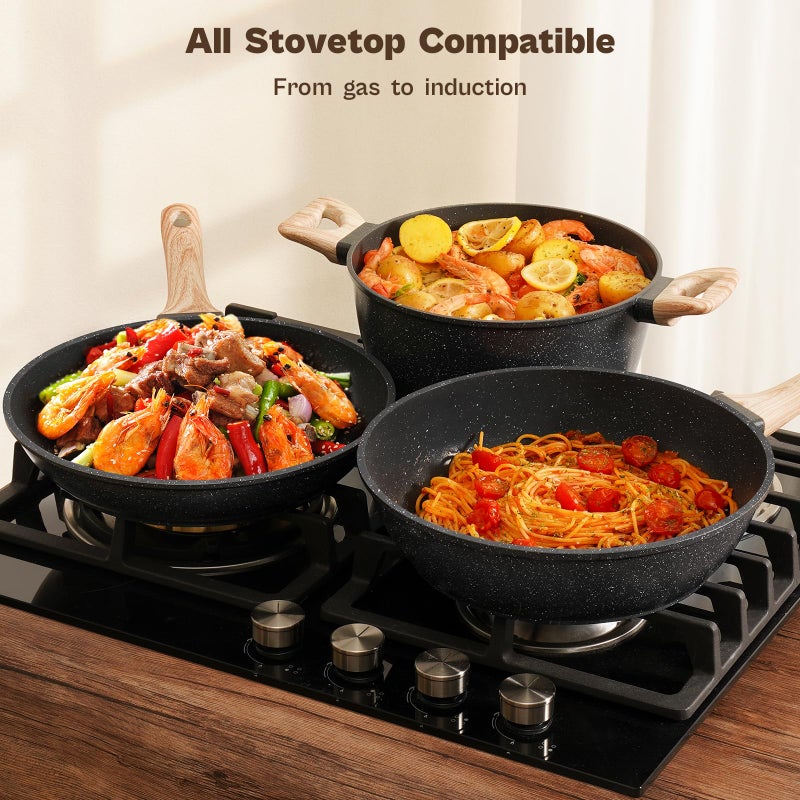 SODAY 13 Pcs Pots and Pans Set, Nonstick Cookware Sets Black Granite Induction Cookware, Non-toxic Healthy Non stick Kitchen Cooking Set with Frying Pans Set, Saucepans (PFAS/PFOA/PFOS Free) - Image 4