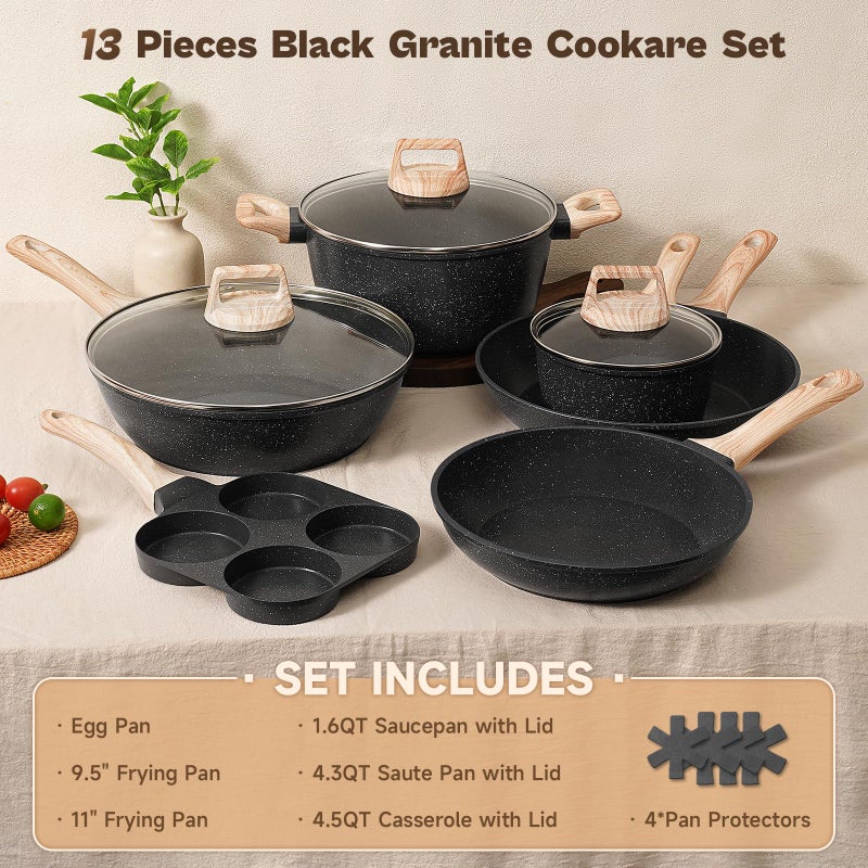 SODAY 13 Pcs Pots and Pans Set, Nonstick Cookware Sets Black Granite Induction Cookware, Non-toxic Healthy Non stick Kitchen Cooking Set with Frying Pans Set, Saucepans (PFAS/PFOA/PFOS Free) - Image 2
