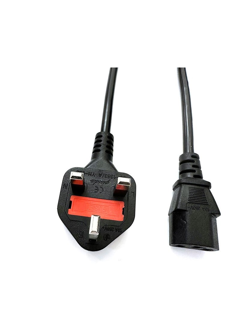High-Quality UK 3-Pin Power Cable with Protection Fuse - 1.5m Length, Compatible with Computers, Printers, LCD Monitors, Gaming Laptops, and More - IEC C13 to UK Plug