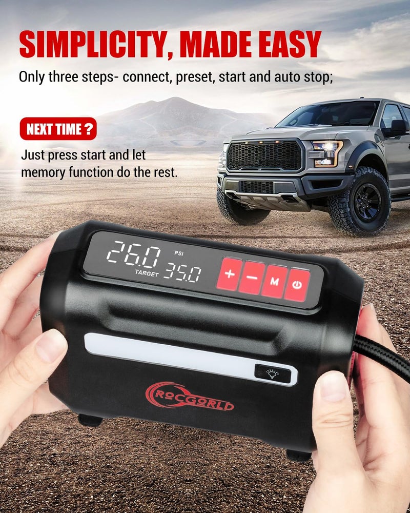 ROCGORLD R8 Tire Inflator Portable Air Compressor, DC 12V Air Compressor Portable with Large Dual Digital Screen, 3X Faster Inflation Air Pump for Car, Bike, Ball, Motor - Image 4