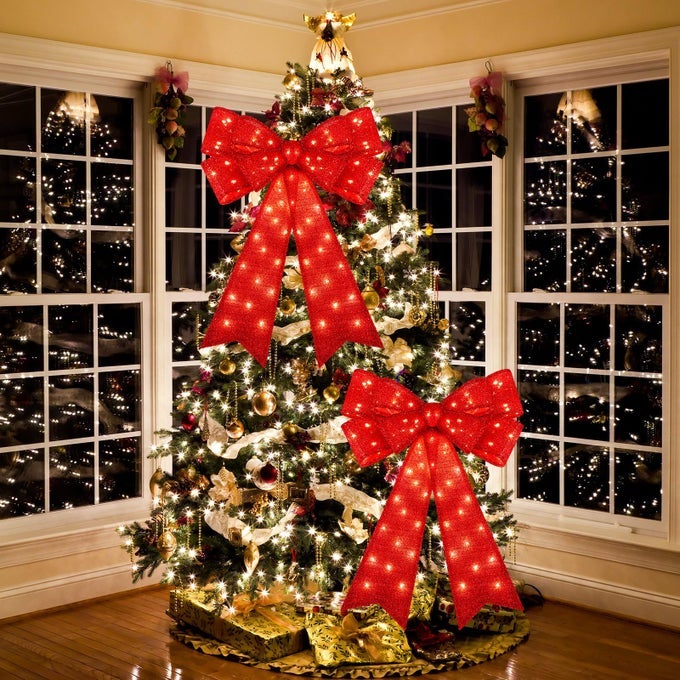 2 PIECES 18 X 32 IN LED CHRISTMAS WREATH BOWS EXTRA LARGE BOWS 72 LED LIGHTS WREATH HUGE BOW DOOR WALL XMAS TREE TOP DECOR FOR INDOOR OUTDOOR WINTER XMAS PARTY