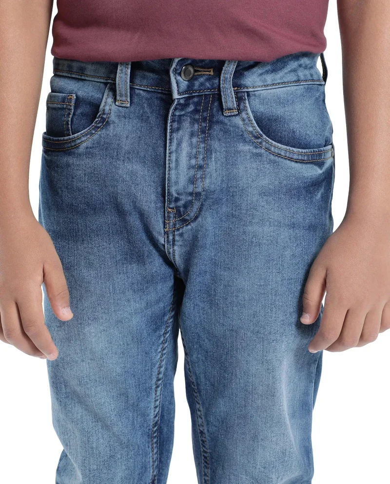 Rare Ones Rare Ones Kids Sira Light Blue Cotton Solid Button And Zip Closure Slim Fit Fit Jeans