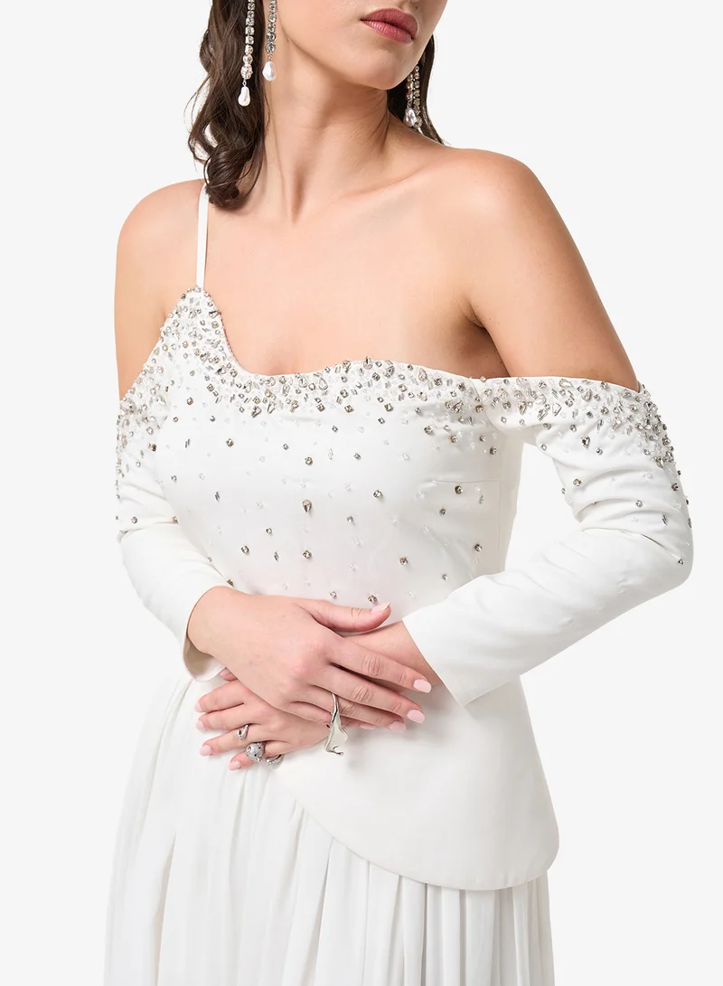 Threadz by Ajooni  Bead Embellished Cold Shoulder Maxi Dress for Women | Best Price UAE