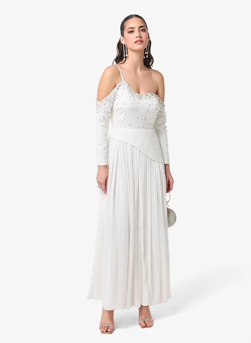 Threadz by Ajooni  Bead Embellished Cold Shoulder Maxi Dress for Women | Best Price UAE