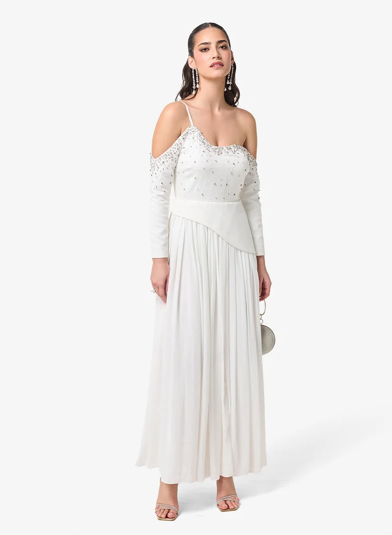 Threadz By Ajooni  Bead Embellished Cold Shoulder Maxi Dress for Women | Best Price UAE