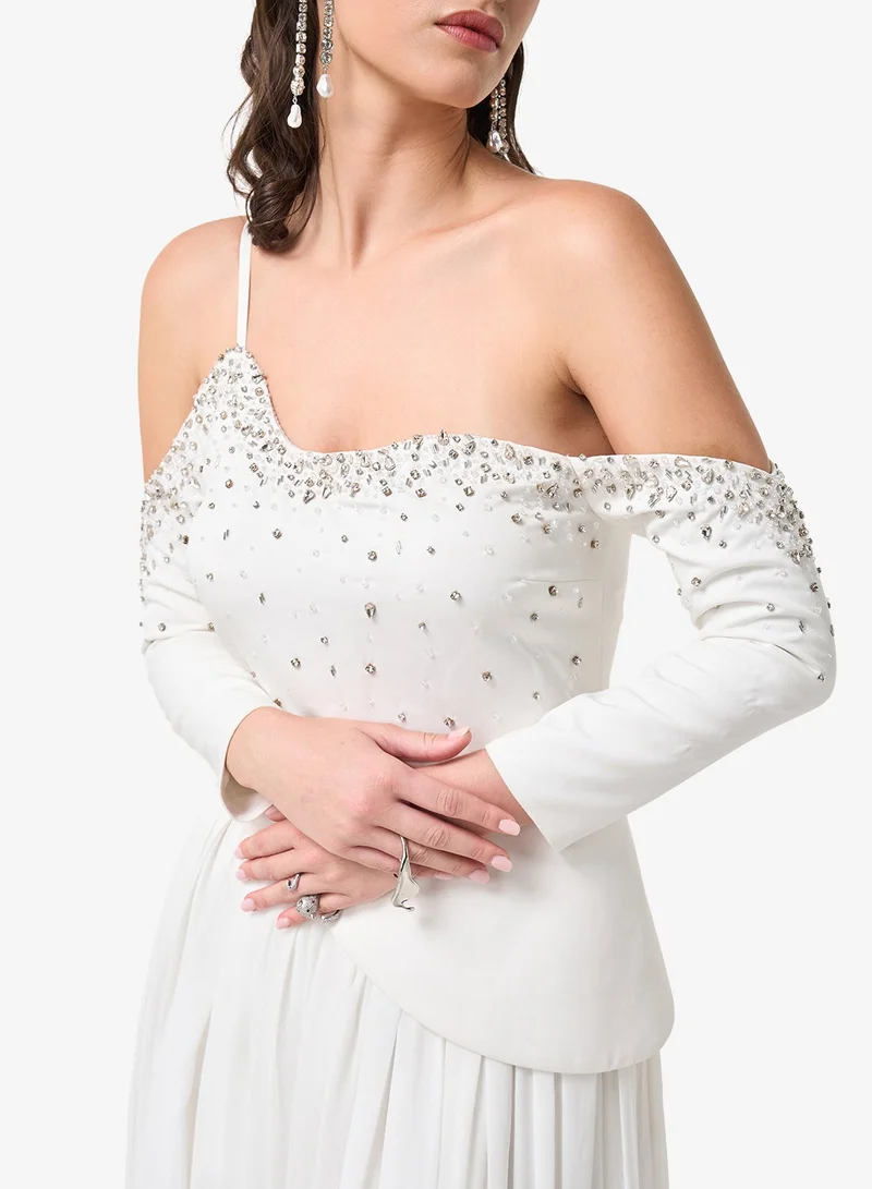 Threadz By Ajooni  Bead Embellished Cold Shoulder Maxi Dress for Women | Best Price UAE