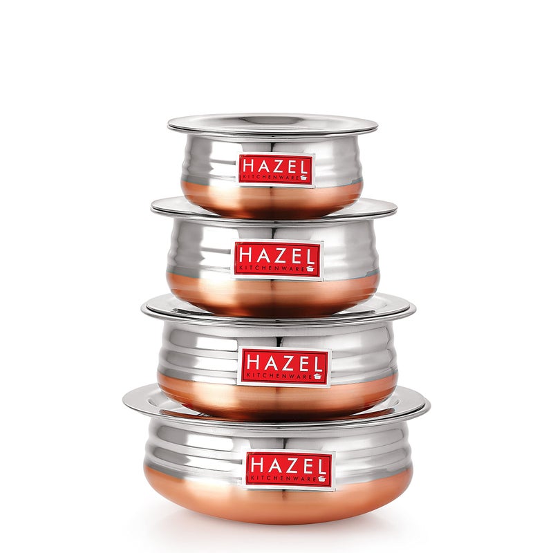 HAZEL Stainless Steel Copper Bottom Handi Set with Lids Traditional Indian Cookware Serveware Set of 4 08 13 17 21 Quarts Durable Pots for Curry Biryani More