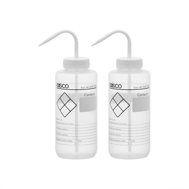 EISCO 2PK Chemical Wash Bottle, Blank Labels, 1000ml - Wide Mouth, Self Venting, Low Density Polyethylene - Performance Plastics Labs - Image 1