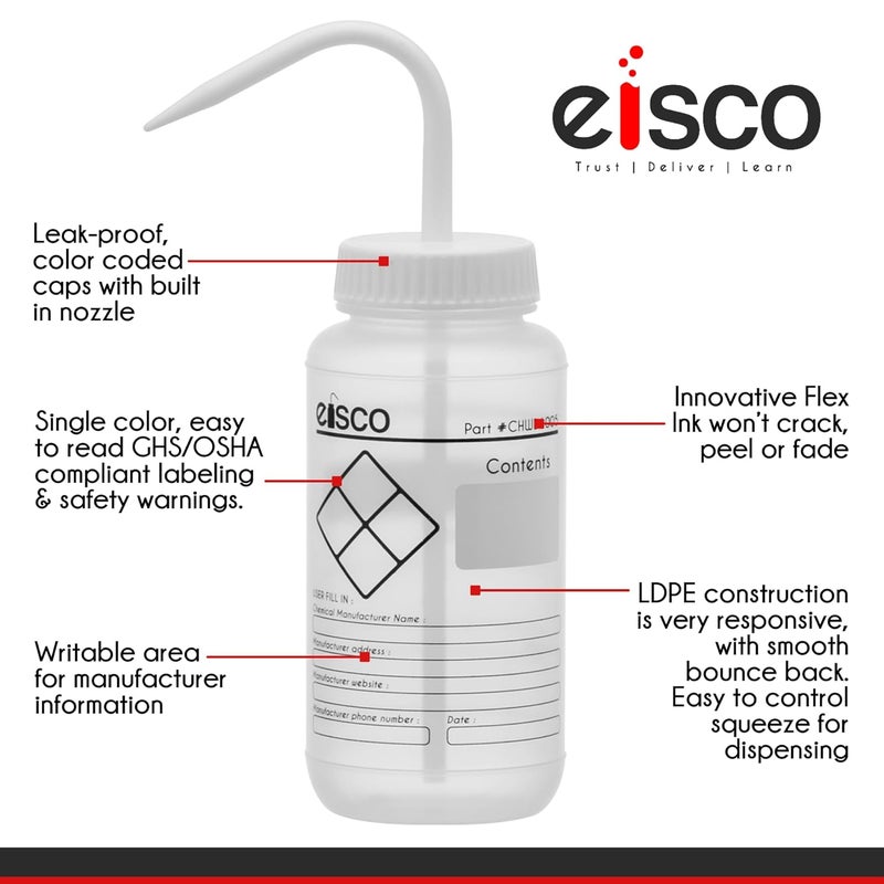 EISCO 2PK Chemical Wash Bottle, Blank Labels, 1000ml - Wide Mouth, Self Venting, Low Density Polyethylene - Performance Plastics Labs - Image 3