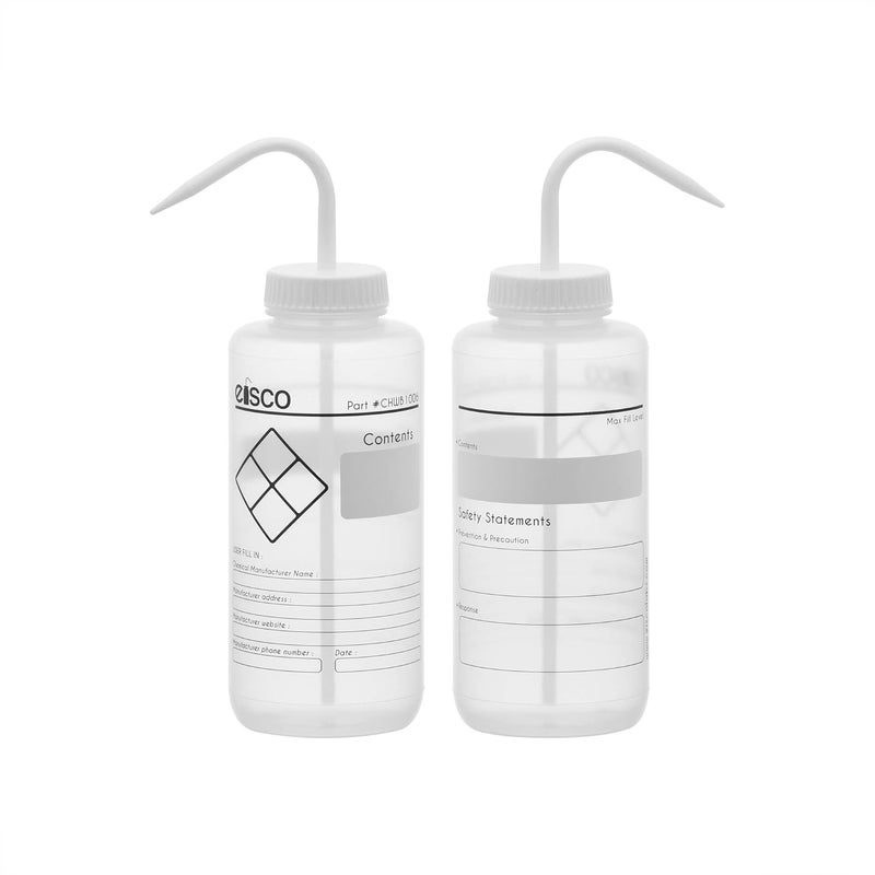 EISCO 2PK Chemical Wash Bottle, Blank Labels, 1000ml - Wide Mouth, Self Venting, Low Density Polyethylene - Performance Plastics Labs - Image 2