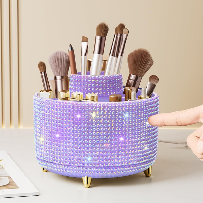 Diesisa Bling Diamond 360Â° Makeup Brush Holder Organizer, Rotating Makeup Brush Organizer,5 Slot Make up Brushes Cup for Cosmetics, Vanity Desktop Organizer, Gift for Women Teen Girls- Diamond Purple - Image 1