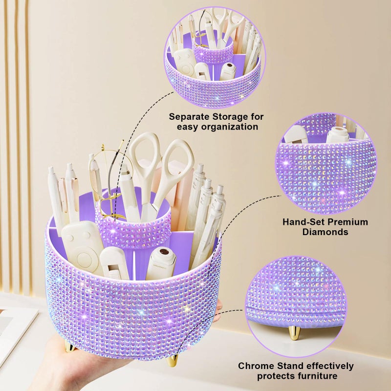 Diesisa Bling Diamond 360Â° Makeup Brush Holder Organizer, Rotating Makeup Brush Organizer,5 Slot Make up Brushes Cup for Cosmetics, Vanity Desktop Organizer, Gift for Women Teen Girls- Diamond Purple - Image 4