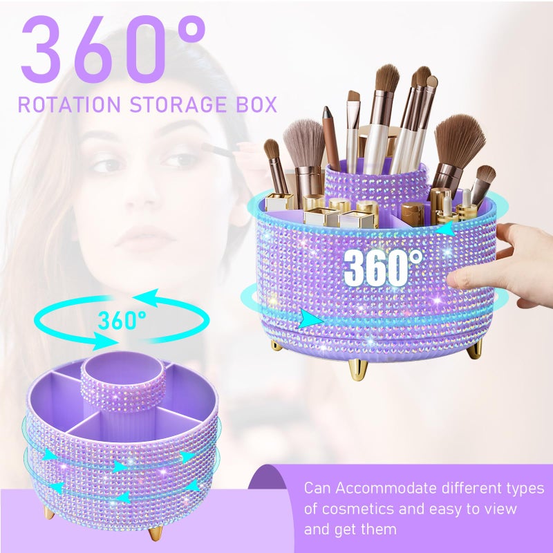Diesisa Bling Diamond 360Â° Makeup Brush Holder Organizer, Rotating Makeup Brush Organizer,5 Slot Make up Brushes Cup for Cosmetics, Vanity Desktop Organizer, Gift for Women Teen Girls- Diamond Purple - Image 3