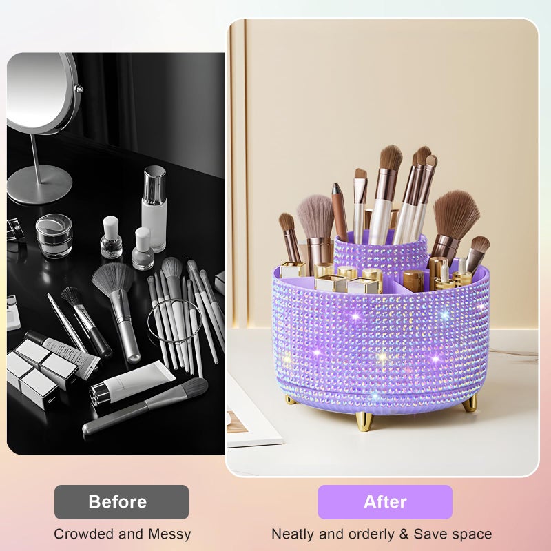 Diesisa Bling Diamond 360Â° Makeup Brush Holder Organizer, Rotating Makeup Brush Organizer,5 Slot Make up Brushes Cup for Cosmetics, Vanity Desktop Organizer, Gift for Women Teen Girls- Diamond Purple - Image 2