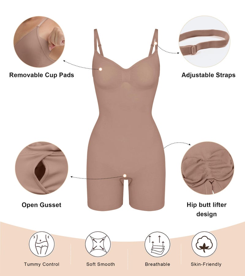 SHAPERX Women's Seamless Shapewear Tummy Control Bodysuit with Removable Pads Mid Thigh Body Shaper,SZ5468-Sienna-L/XL - Image 4