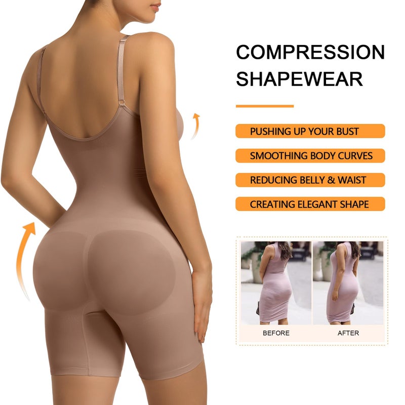SHAPERX Women's Seamless Shapewear Tummy Control Bodysuit with Removable Pads Mid Thigh Body Shaper,SZ5468-Sienna-L/XL - Image 5