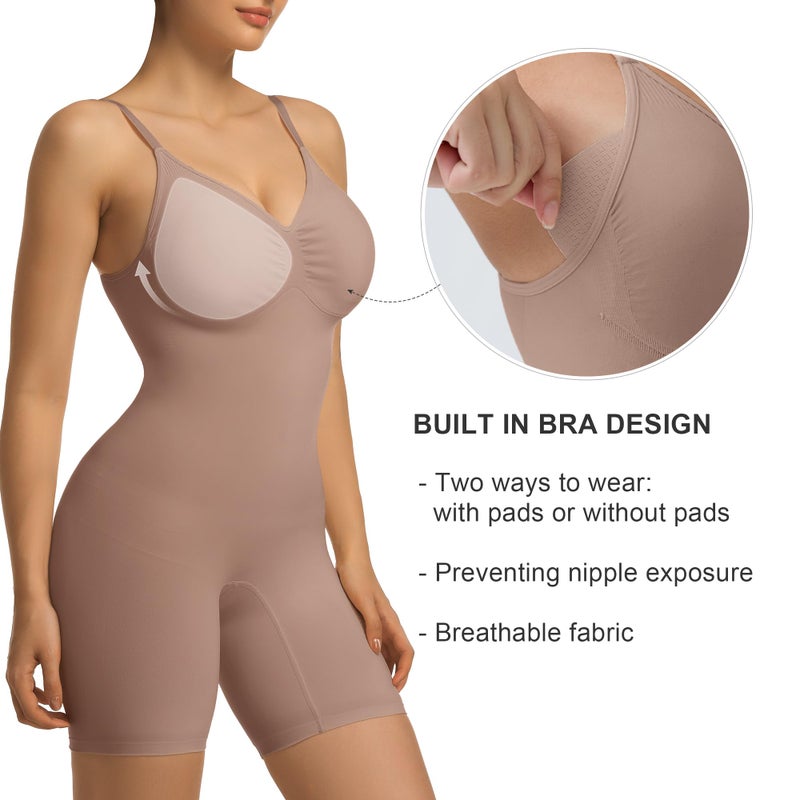 SHAPERX Women's Seamless Shapewear Tummy Control Bodysuit with Removable Pads Mid Thigh Body Shaper,SZ5468-Sienna-L/XL - Image 2