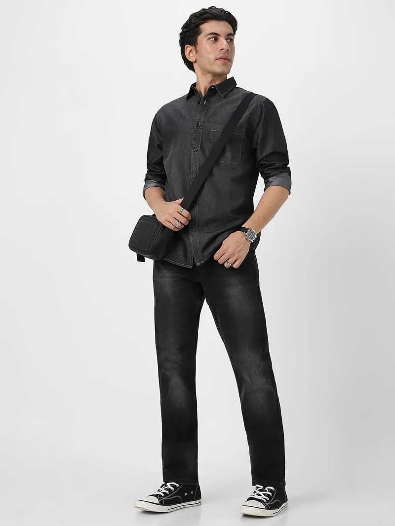 Urbano Fashion  Urbano Fashion Men's Dark Grey Full Sleeve Regular Fit Casual Denim Shirt  | Best Price UAE