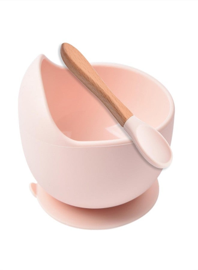 HEXONIQ® Baby Feeding Bowl & Spoon Weaning Set, Food Grade Silicone Suction Cup Bowl & Wooden Spoon with Stay Put Silicone Suction Bowl, Gift for Toddler Children Girls Boys (Pink) - Image 1