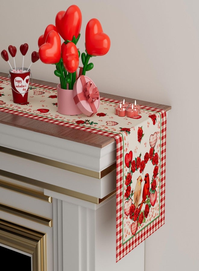 XCHI Plaid Roses Flowers Love Hearts Cardinal Valentine's Day Table Runner Table Decoration for Party Home Kitchen Dining Holiday Decor 13x72 Inch - Image 3