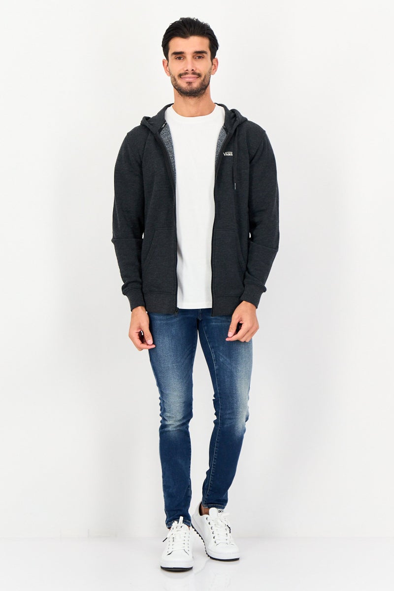 VANS هودي بقلنسوة بأكمام طويلة بسحاب كامل للرجال مع شعار مطرّز، رمادي داكن - Image 3