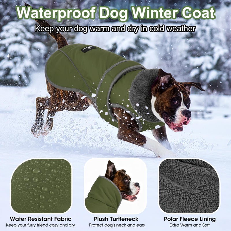 Dogcheer Dog Coat, Waterproof Dog Jacket Reflective Pet Winter Coat with Adjustable Hook & Loop, Christmas Puppy Fleece Jacket Warm Turtleneck Snowsuit for Small Medium Large Dogs - Green, S - Image 2
