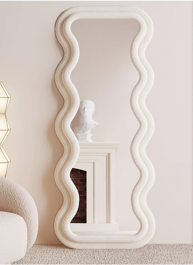 Taimi Full Length Mirror with Velvet Frame, Irregular Wavy Floor Mirror for Bedroom, Living Room, Dressing Room, White - 170x70cm  - Image 1