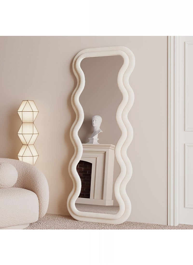 Taimi Full Length Mirror with Velvet Frame, Irregular Wavy Floor Mirror for Bedroom, Living Room, Dressing Room, White - 170x70cm  - Image 3