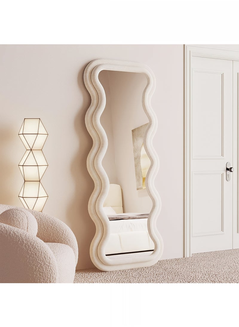 Taimi Full Length Mirror with Velvet Frame, Irregular Wavy Floor Mirror for Bedroom, Living Room, Dressing Room, White - 170x70cm  - Image 2